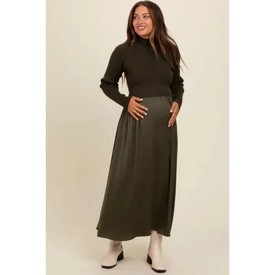 Target PinkBlush Olive Knit Contrast Top Satin Maternity Midi Dress Olive Large