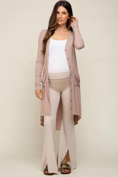 PinkBlush Beige Button Front Knit Maternity Cardigan