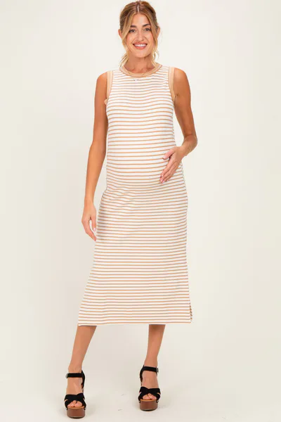 PinkBlush Tan Striped Solid Trim Sleeveless Maternity Midi Dress