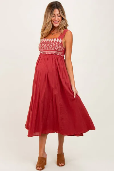 PinkBlush Rust Embroidered Sleeveless Maternity Midi Dress