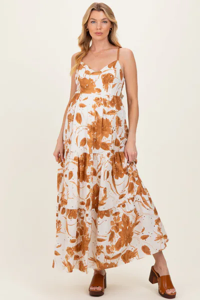 PinkBlush Mocha Floral Tiered Cutout Tie Back Maternity Maxi Dress