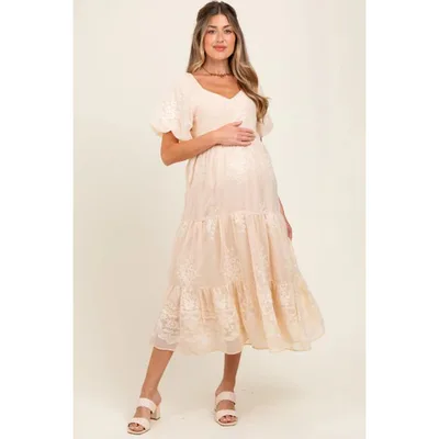 Target Pinkblush Beige Floral Embroidered Chiffon Maternity Midi Dress Large