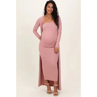 Target Pinkblush Mauve Ribbed Sleeveless Dress Cardigan Maternity Set Large