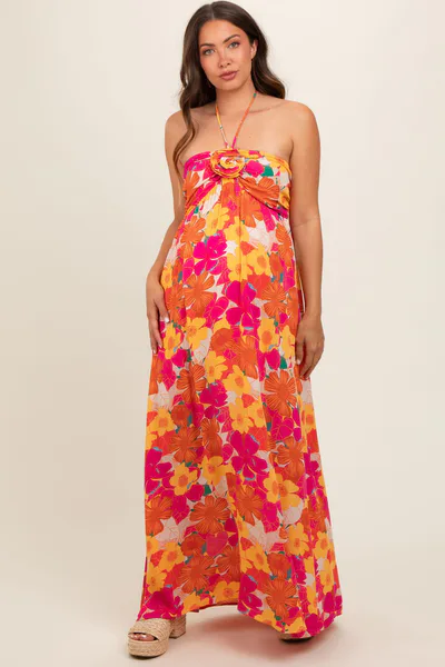 PinkBlush Peach Floral Halter Maternity Maxi Dress