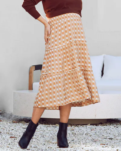 Angel Maternity Tracy Maternity Ruffled Midi Skirt in Sandstone Stripe