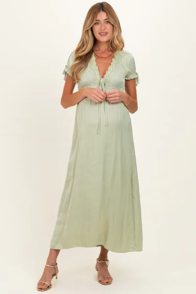 PinkBlush Sage Satin Lace Detail Maternity Maxi Dress