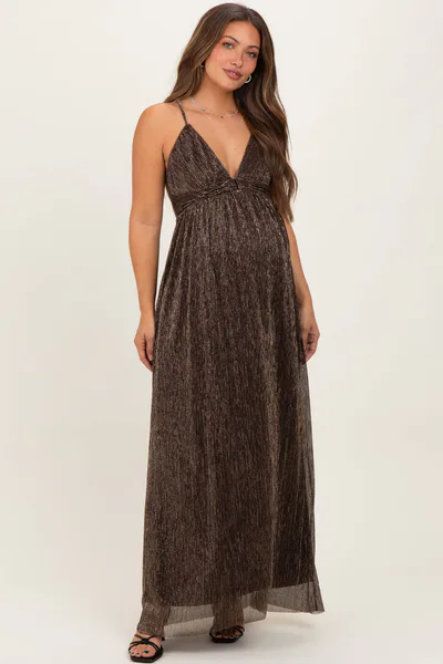 PinkBlush Brown Shimmer Open Tie Back Maternity Maxi Dress