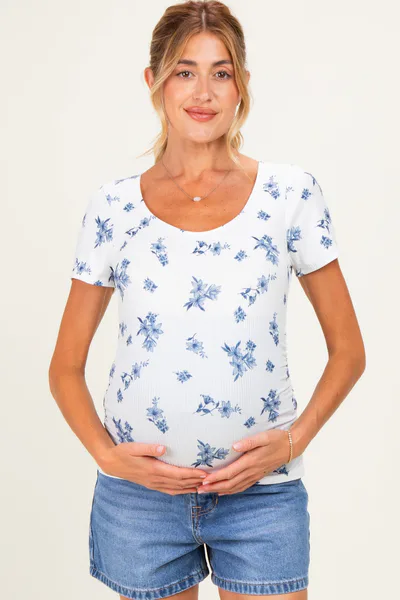 PinkBlush Navy Floral Ruching Short Sleeve Maternity Top