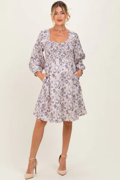 PinkBlush Cream Floral Sweetheart Neck Smocked Maternity Dress