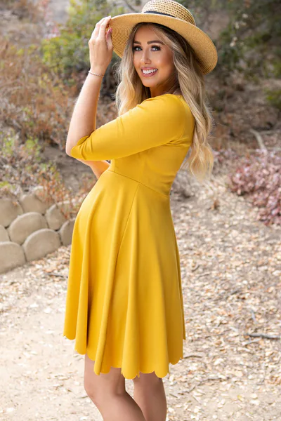 PinkBlush Mustard Solid Scalloped Hem Maternity Dress