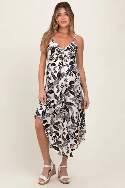 PinkBlush Black Tropical Floral Front Cinched Tie Maternity Midi Dress