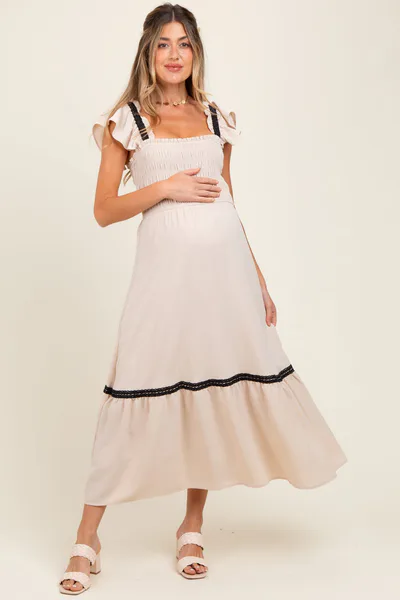 PinkBlush Beige  Smocked Lace Detail Maternity Midi Dress