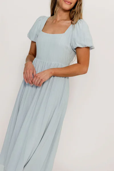 Worth Collective Ainsley Square Neck Midi Dress with Puffed Sleeves in Baby Blue - Bump Friendly