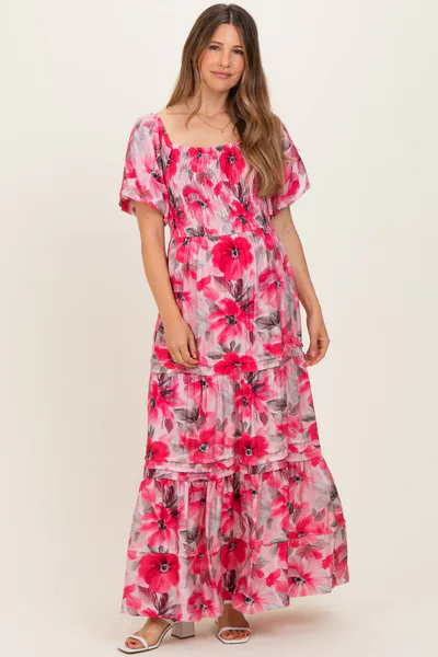 PinkBlush Fuchsia Floral Smocked Tiered Maternity Maxi Dress
