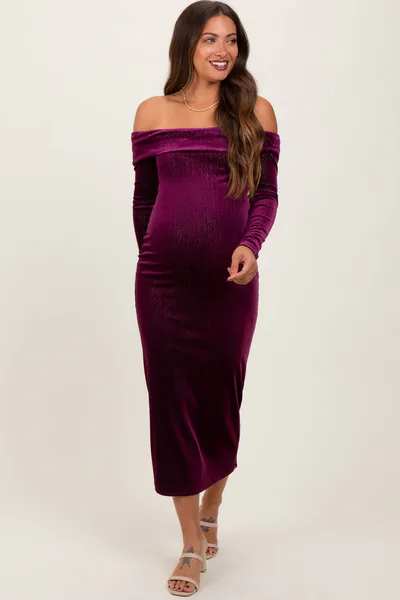 PinkBlush Plum Shiny Velour Off Shoulder Maternity Midi Dress