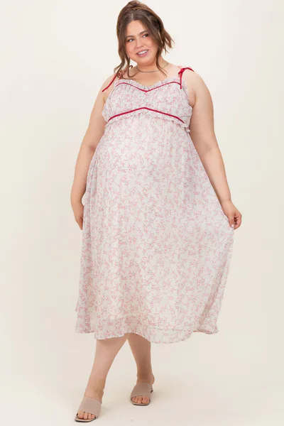 PinkBlush Pink Floral Ruffle Detail Shoulder Tie Maternity Plus Midi Dress