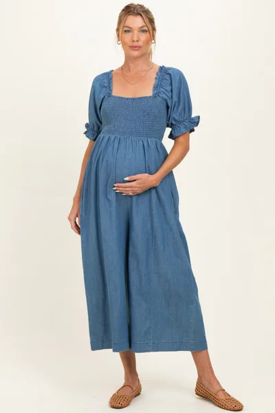 PinkBlush Denim Chambray Puff Sleeve Wide Leg Maternity Jumpsuit