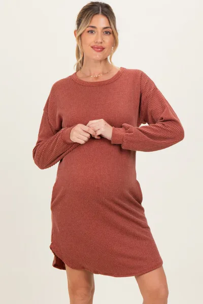 PinkBlush Rust Rib Knit Long Sleeve Maternity Dress