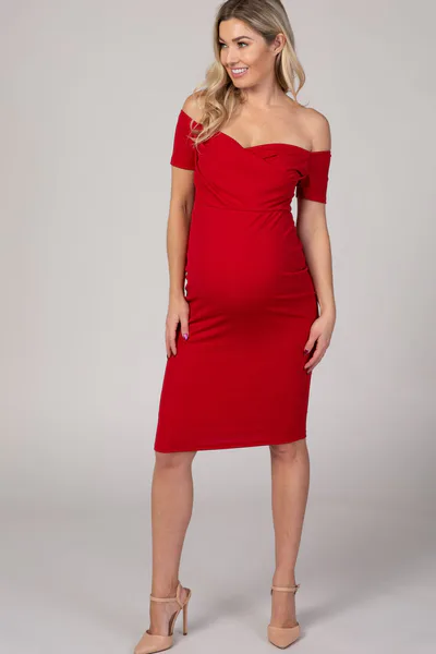PinkBlush PinkBlush Red Solid Off Shoulder Maternity Fitted Dress
