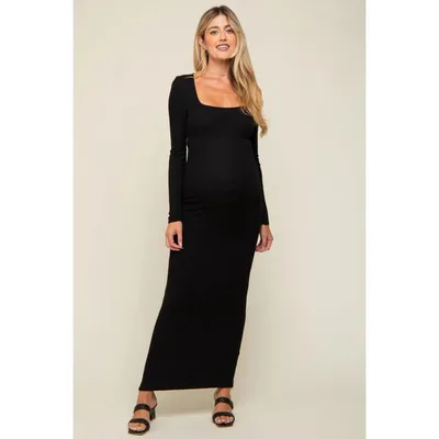 Target Pinkblush Black Ribbed Long Sleeve Square Neck Maternity Maxi Dress Medium