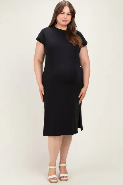 PinkBlush Black Plus Round Neck Maternity Short Sleeve Midi Dress