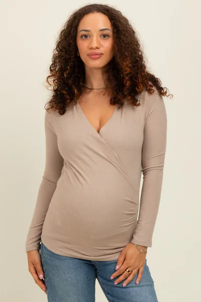 PinkBlush Beige Brushed Wrap Front Maternity Top