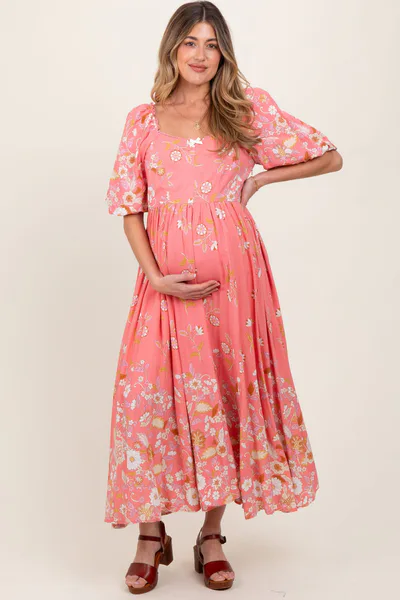 PinkBlush Pink Floral Print Puff Sleeve Maternity Maxi Dress