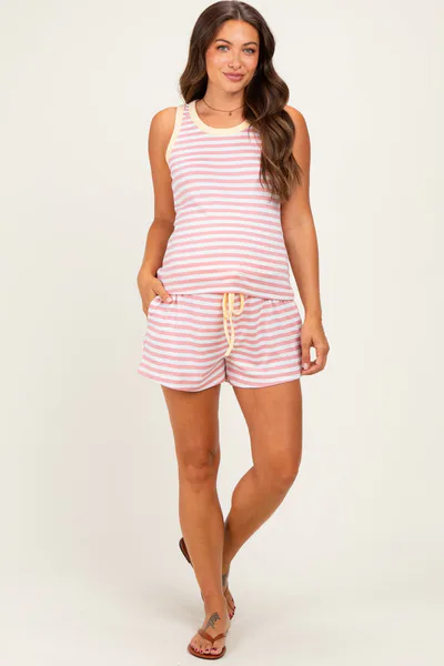 PinkBlush Blush Striped Solid Trim Tank Short Maternity Set