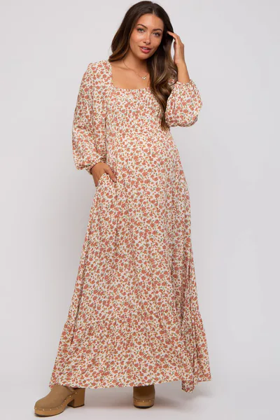 PinkBlush Cream Floral Square Neck Ruffle Maternity Maxi Dress