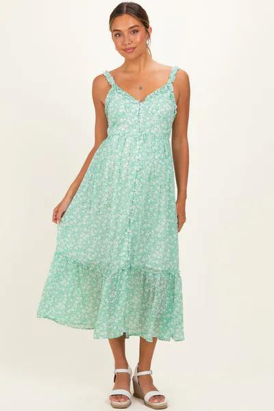 PinkBlush Mint Green Floral Ruffle Strap Button Down Maternity Dress