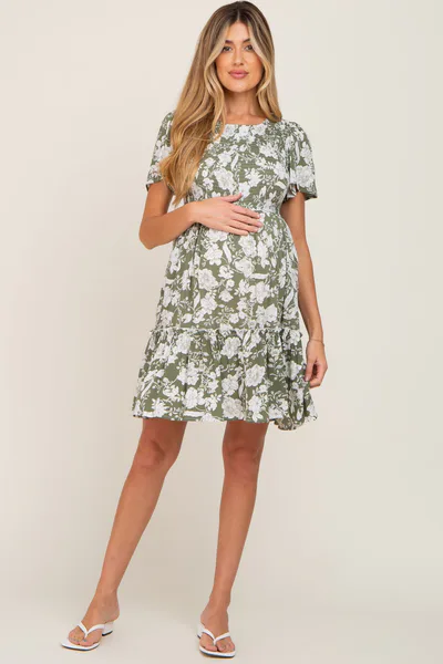 PinkBlush Light Olive Floral Smocked Ruffle Accent Maternity Dress