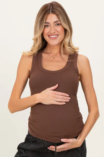 PinkBlush Brown Ribbed Scoop Neck Maternity Tank Top
