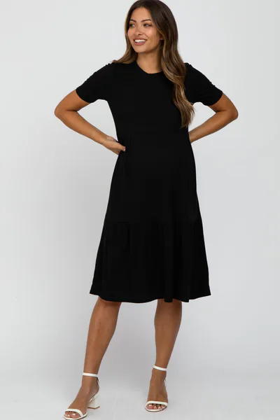 PinkBlush Black Ribbed Tiered Maternity Dress