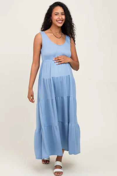 PinkBlush Light Blue Solid Tiered French Terry Maternity Maxi Dress
