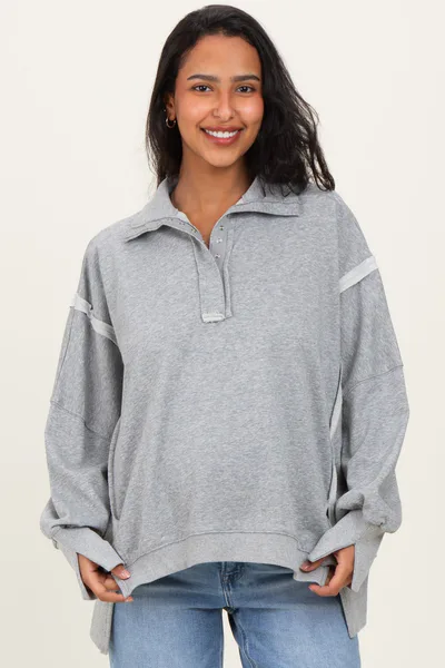 PinkBlush Heather Grey Snap Button Pullover Henley Maternity Sweatshirt