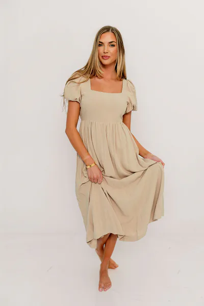 Worth Collective Ainsley Square Neck Midi Dress with Puffed Sleeves in Oat - Bump Friendly