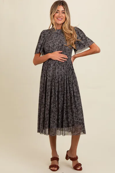 PinkBlush Grey Floral Smocked Maternity Midi Dress