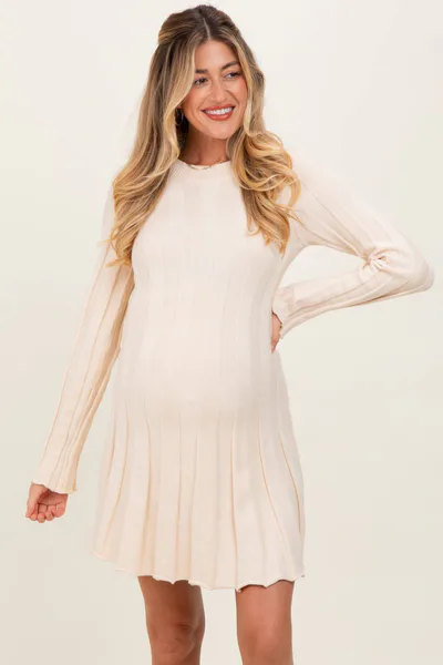 PinkBlush Cream Wide Rib Maternity Mini Sweater Dress