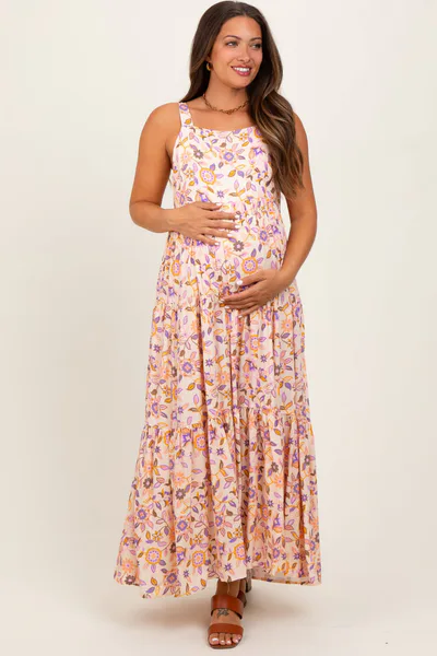 PinkBlush Peach Floral Sleeveless Tiered Maternity Maxi Dress