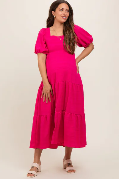 PinkBlush Fuchsia Textured Maternity Tiered Midi Dress