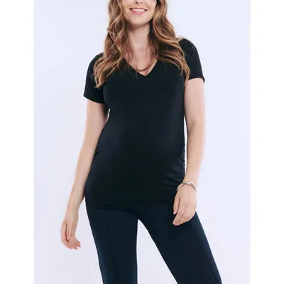 Target Women's V-Neck Side-Ruched Maternity Short Sleeve Tee - Black - Size: Medium - Motherhood Maternity