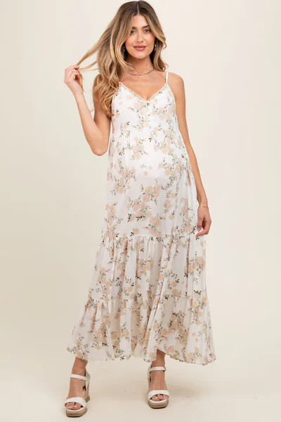 PinkBlush Cream Floral Sleeveless Tiered Maternity Maxi Dress