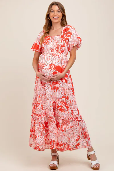 PinkBlush Coral Floral Print Smocked Bodice Maternity Maxi Dress