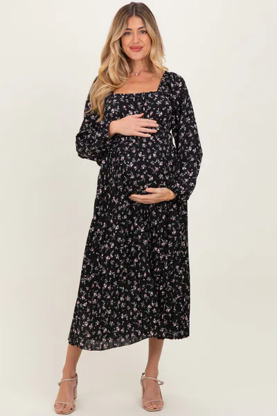 PinkBlush Black Floral Long Sleeve Maternity Midi Dress