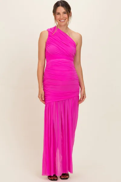 PinkBlush Fuchsia Pink Ruched Mesh One Shoulder Maternity Maxi Dress