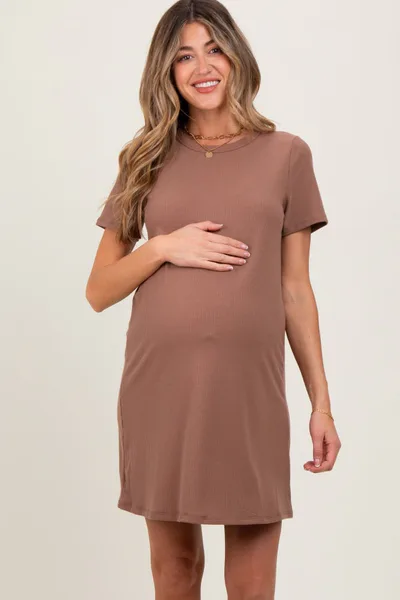 PinkBlush Brown Ribbed Knit Basic Short Sleeve Maternity T-Shirt Dress