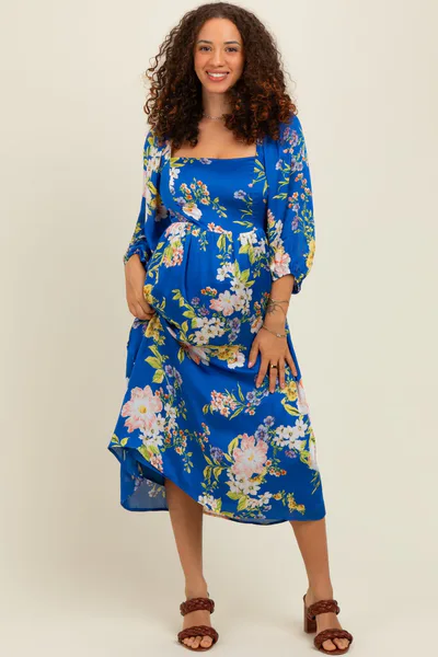 PinkBlush Royal Blue Floral Square Neck 3/4 Sleeve Maternity Midi Dress