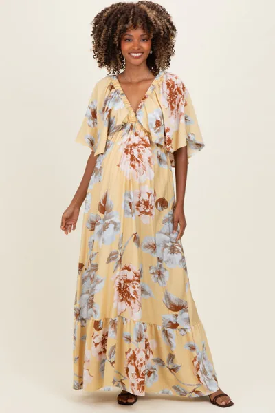 PinkBlush Yellow Floral V-Neck Maternity Maxi Dress