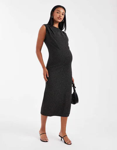 ASOS Mamalicious Maternity glitter slash neck sleeveless midi dress in black and silver
