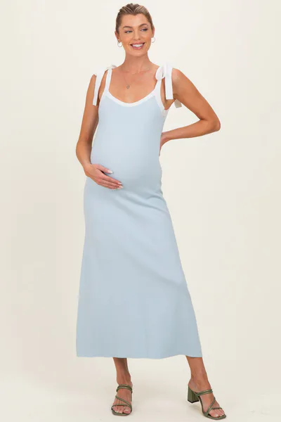 PinkBlush Light Blue Knit Contrast Shoulder Tie Maternity Dress